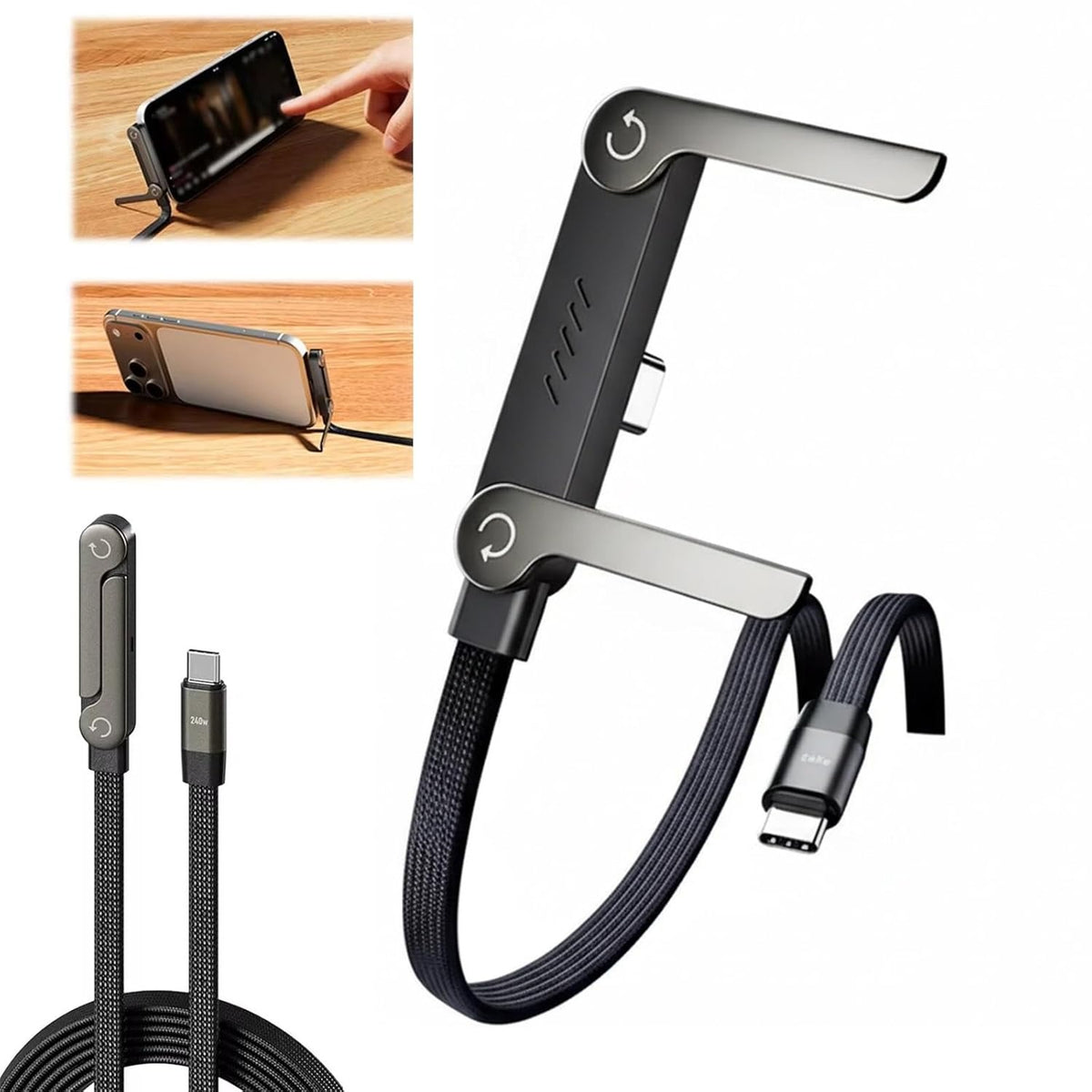 240W Fast Charging Cable with Foldable Phone Stand | 90° Right-Angle USB-C to USB-C Cable
